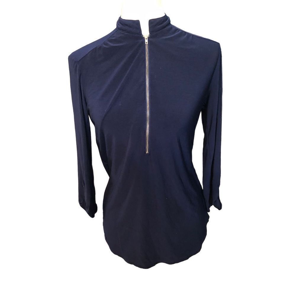 PerSeption active wear navy blue quarter zip roll tab sleeve blouse
